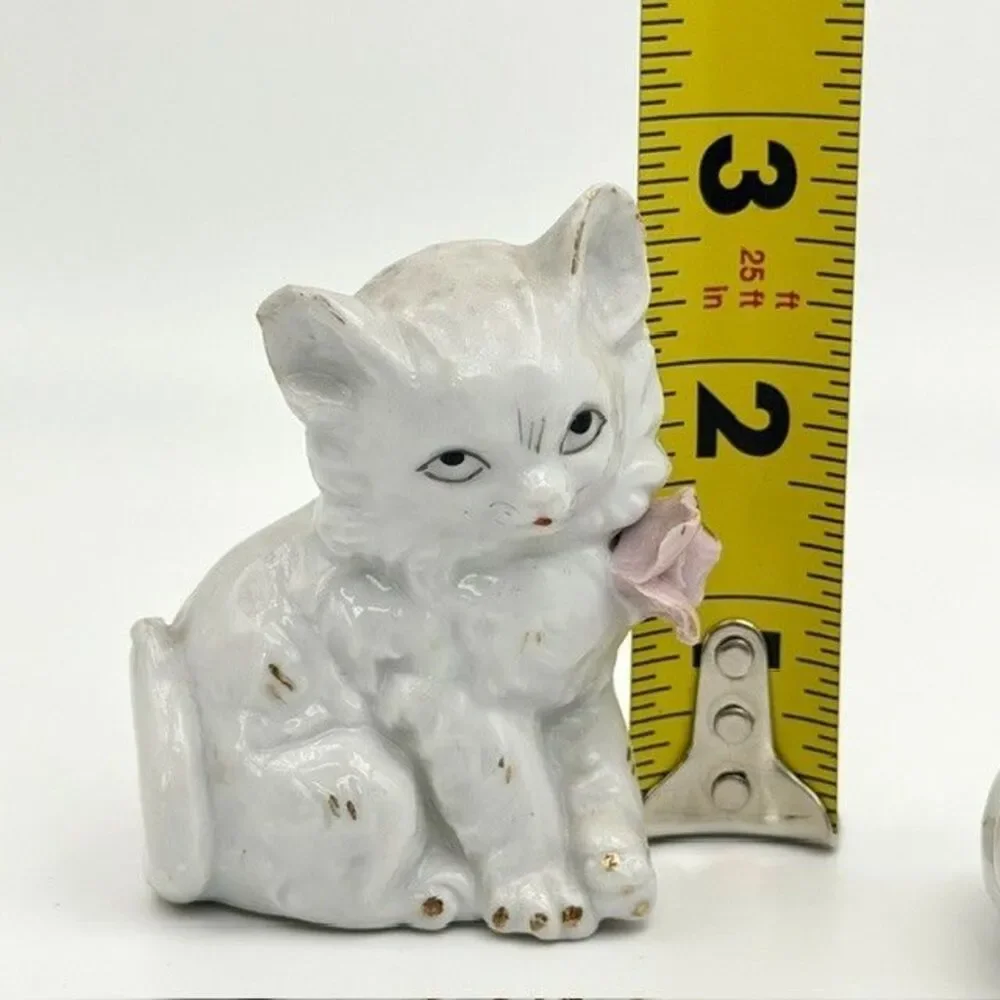 Set of 2 Porcelain White Persian Cat Figurines Pink Rose Gold Trim Japan 2